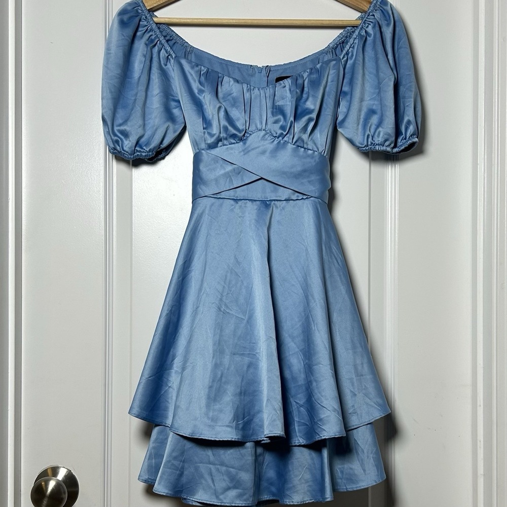 B. Smart Steel Blue Satin Puff Sleeve Tiered Ruffle Mini Dress Regencycore Style